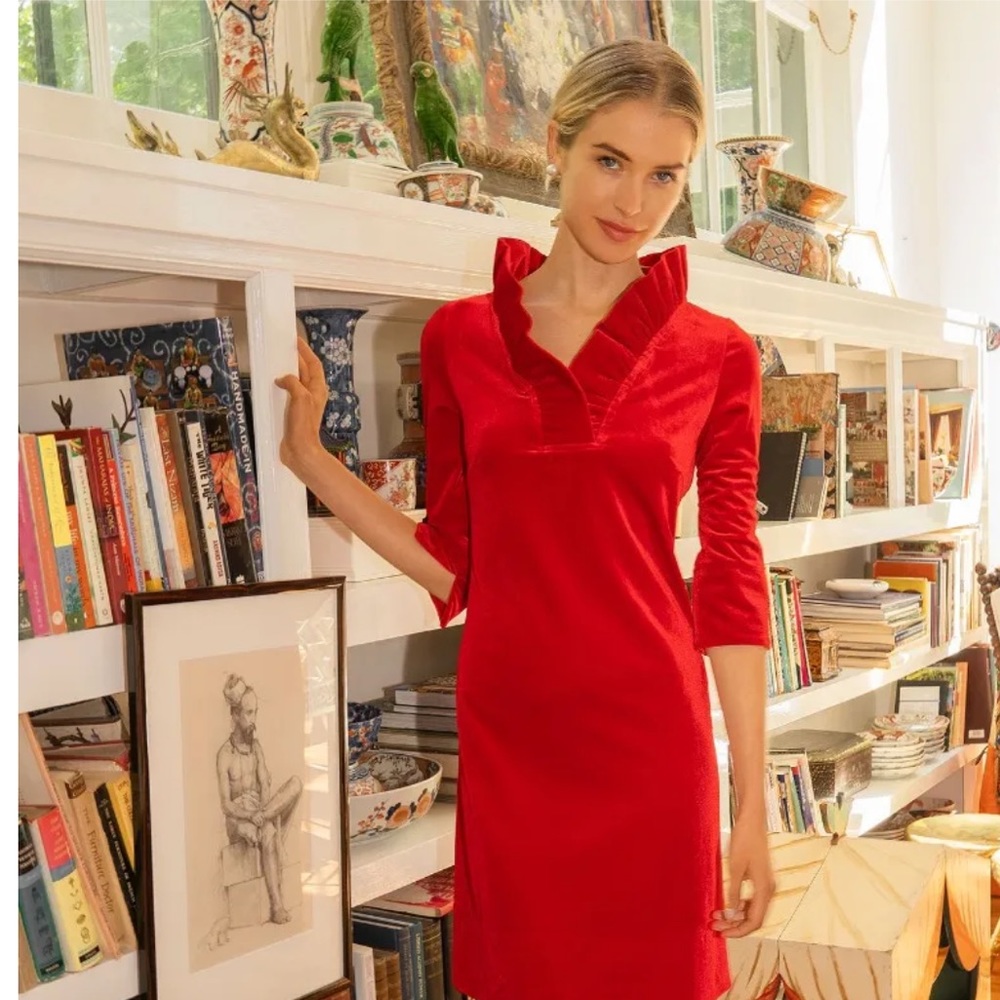 Gretchen Scott Ruffle Neck Red Silky Velvet Dress ♥️ Valentine's Dinner! ♥️
